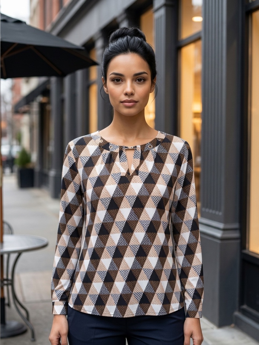 Davina Geo-Print Long Sleeve Top in Black, Cream & Brown by Charter Club